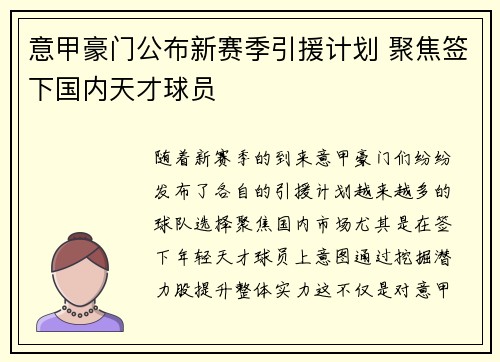 意甲豪门公布新赛季引援计划 聚焦签下国内天才球员