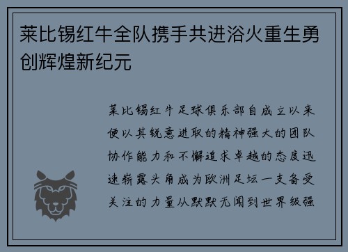莱比锡红牛全队携手共进浴火重生勇创辉煌新纪元