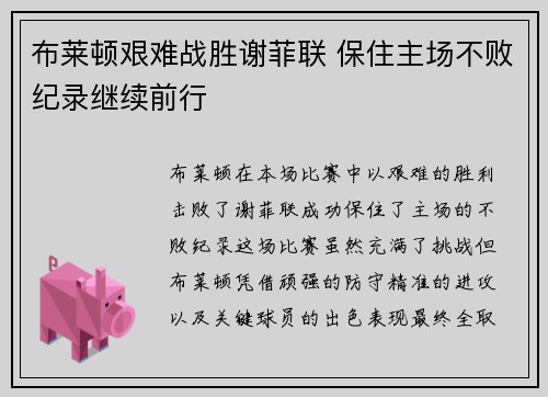 布莱顿艰难战胜谢菲联 保住主场不败纪录继续前行
